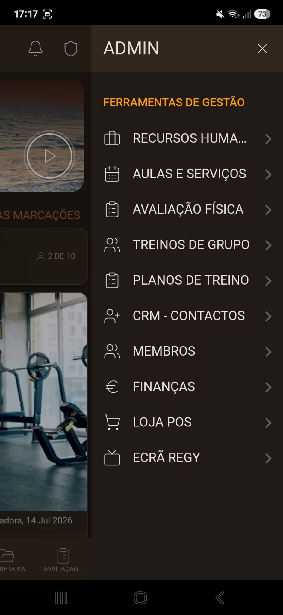 Screenshot da app — menu do gestor